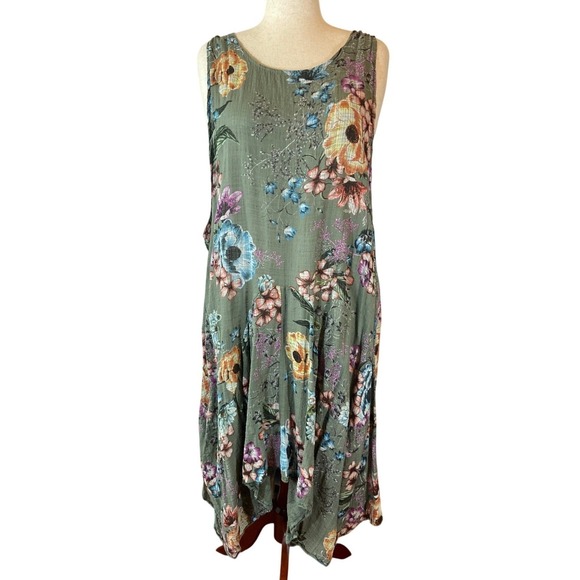 The Unbranded Brand Dresses & Skirts - Sleeveless Summer Dress Floral Print Midi Green Handkerchief hem Fairy